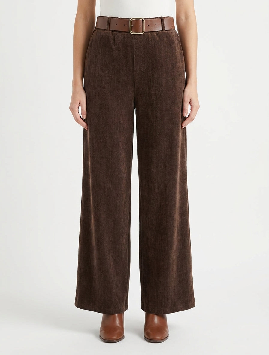 Samt-Effekt-Hose mit elastischem Bund - Braun