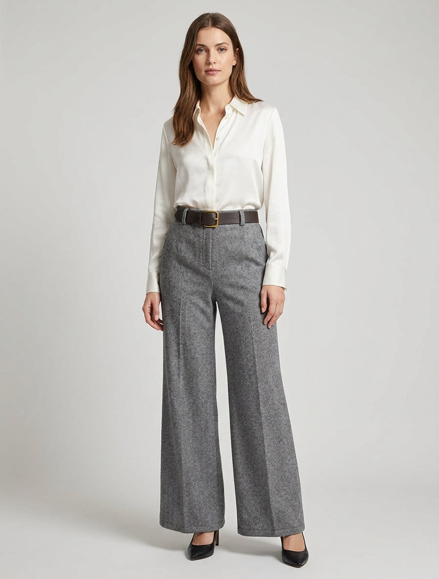 Weite Hose aus Filz mit hoher Taille - Grau