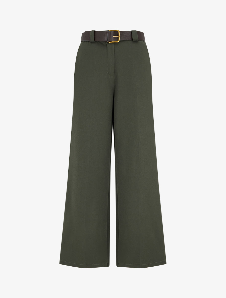 Pantalon ample uni à taille haute élastiquée - Kaki - 1