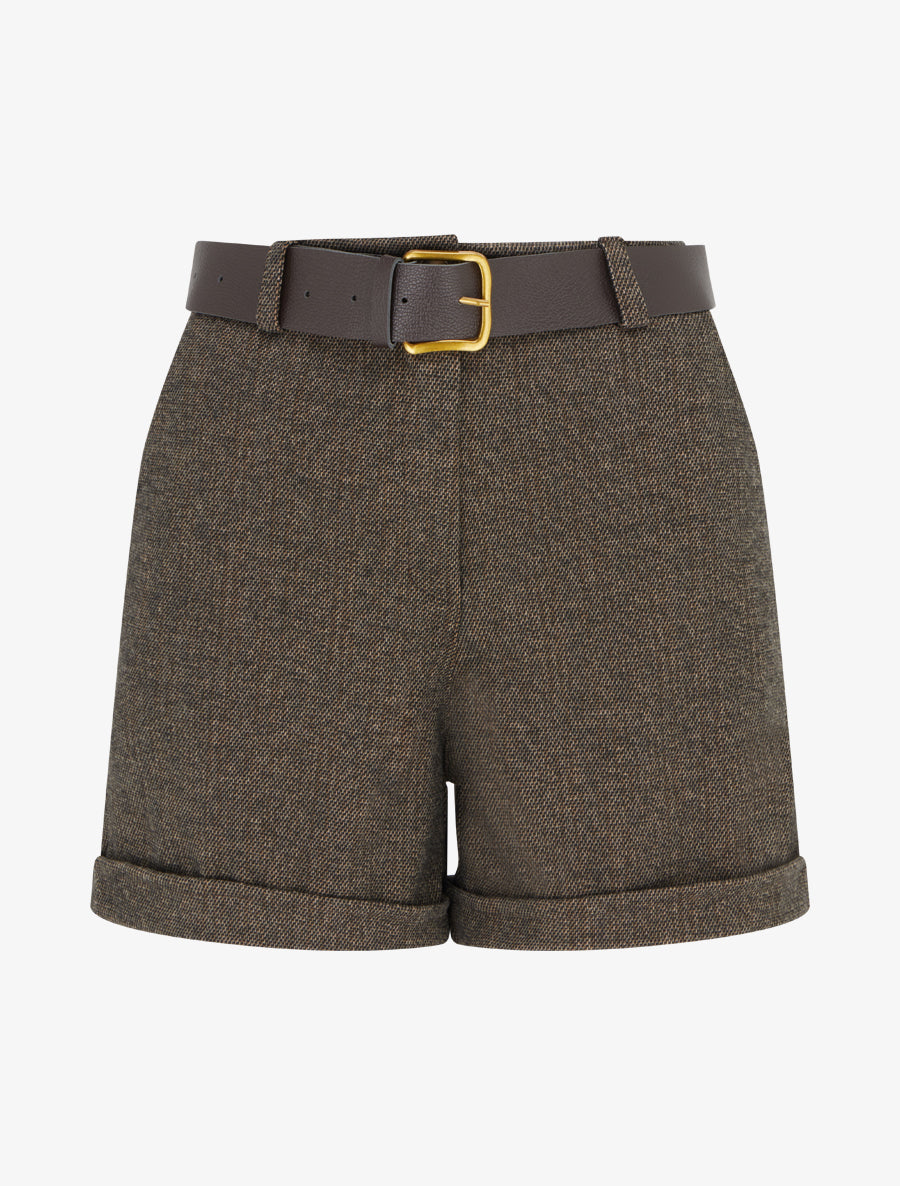 Short droit en feutrine à taille haute et ceinture - Taupe - 1