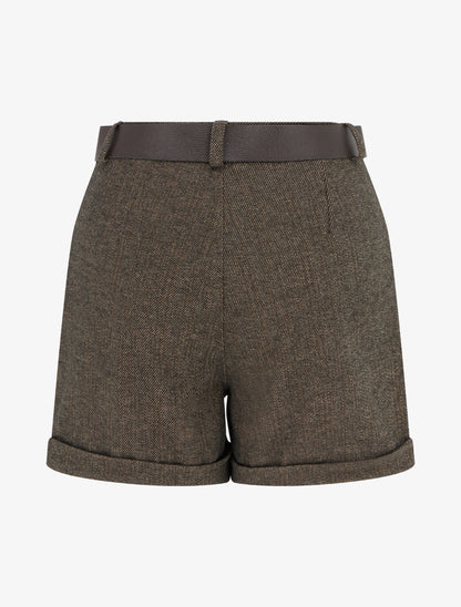 Short droit en feutrine à taille haute et ceinture - Taupe - 2