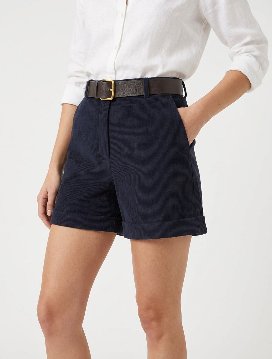 Hoch taillierte Cordshorts - Marine