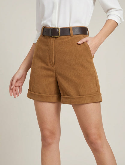 Hoch taillierte Cordshorts - Kamel