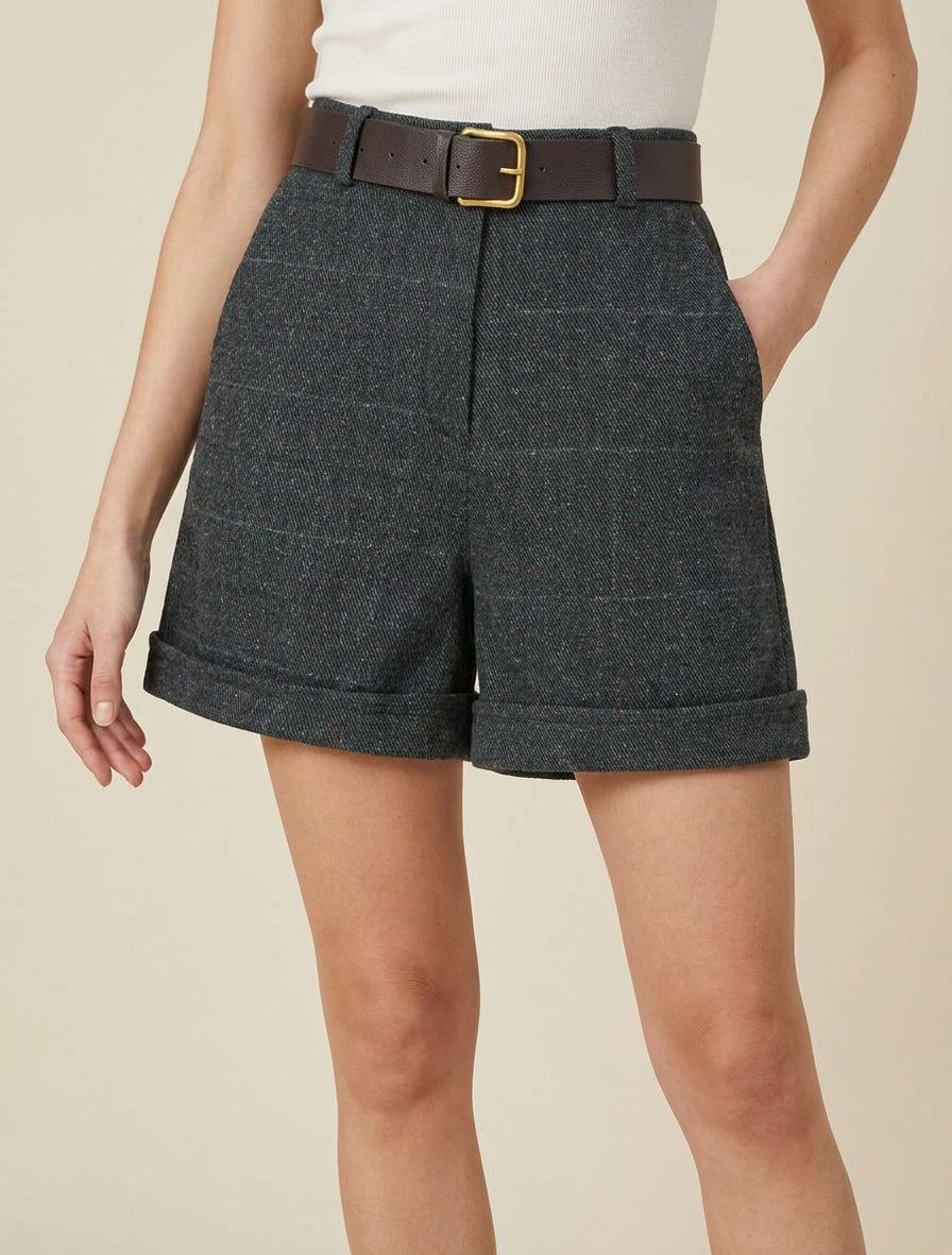 Karierte High-Waist-Shorts - Dunkelgrau