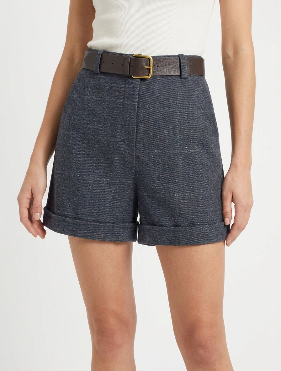 Karierte High-Waist-Shorts - Blaugrau