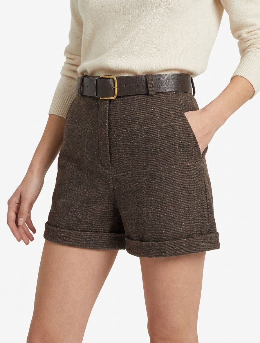Karierte High-Waist-Shorts - Braun