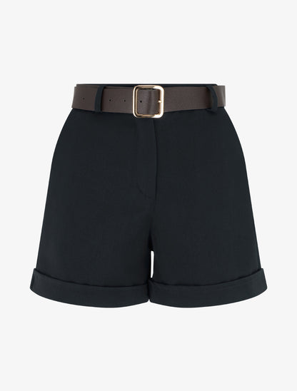 Short à revers ceinturé - Noir - 1