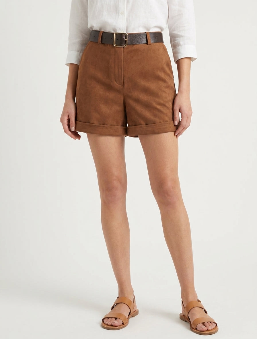 Shorts mit Umschlag aus Wildlederimitat - Kamel