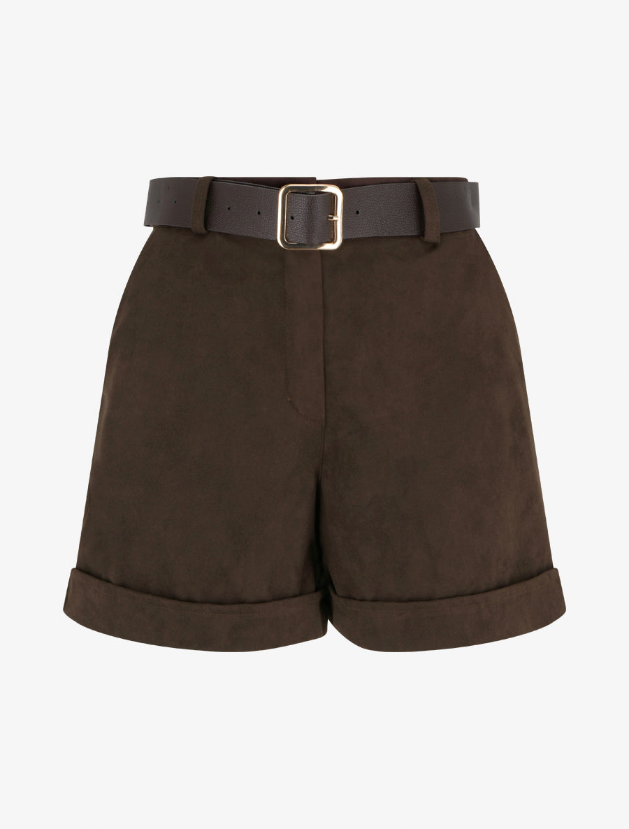 Short à revers en suédine - Marron - 1