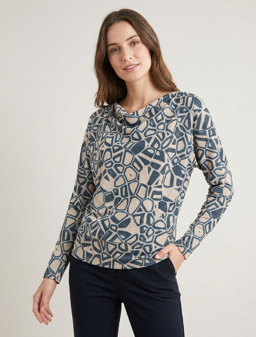 Irisierendes Top mit Wasserfallausschnitt und grafischem Print - Entenblau