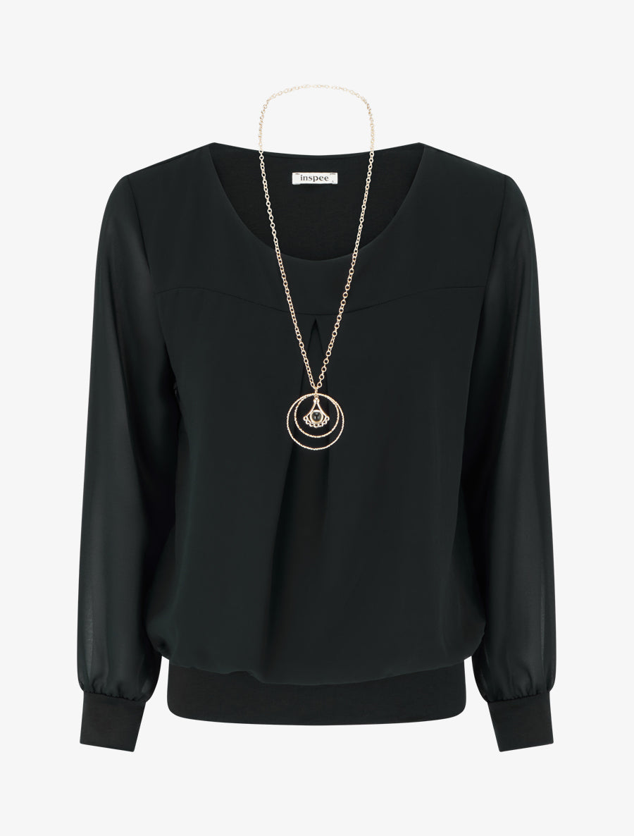 Top boule en voile à col rond et manches longues - Noir - 1