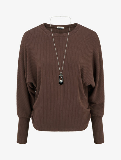Pull côtelé à manches longues style chuave-souris - Marron - 1
