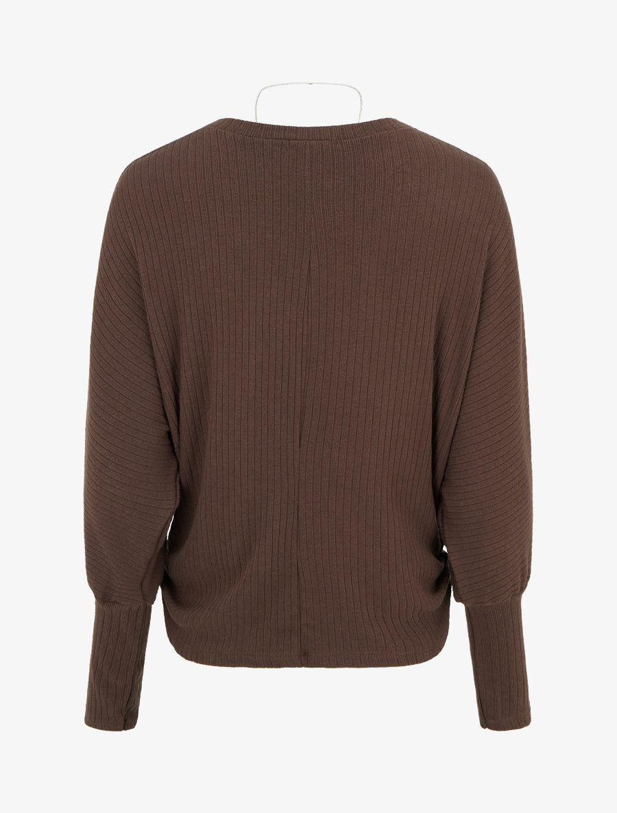 Pull côtelé à manches longues style chuave-souris - Marron - 2