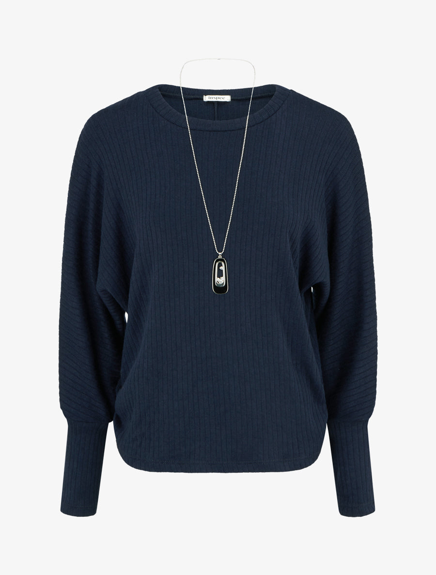 Pull côtelé à manches longues style chuave-souris - Marine - 1