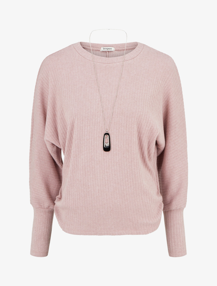 Pull côtelé à manches longues style chuave-souris - Rose - 1