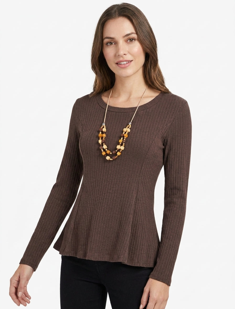 Geripptes Pullover mit ausgestelltem Schnitt und Rundhalsausschnitt - Braun