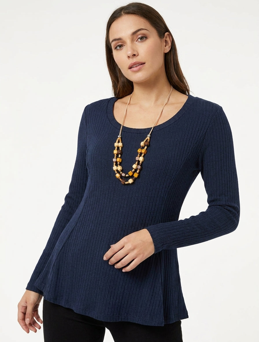 Gerippter Pullover mit ausgestelltem Schnitt und Rundhalsausschnitt - Marine