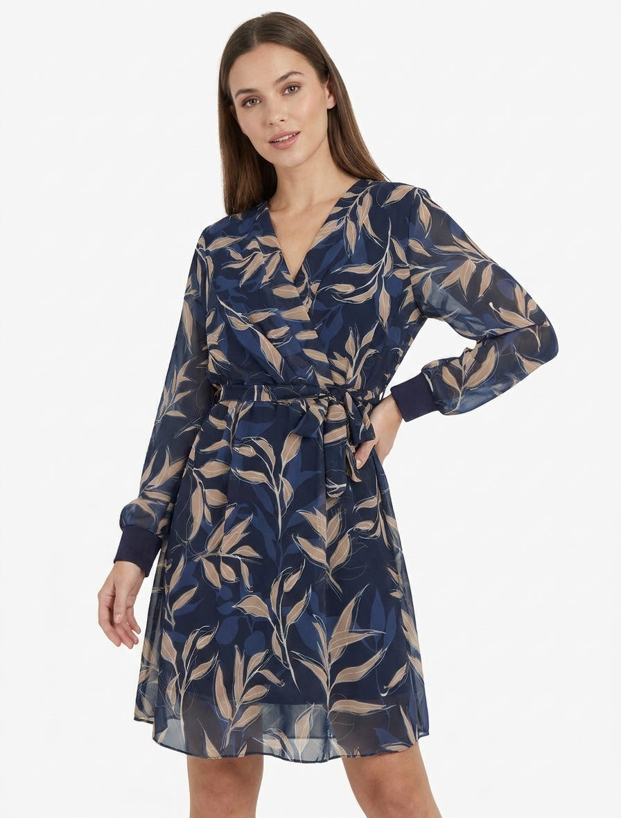 Gerades Kleid mit Blätterdruck - Marine