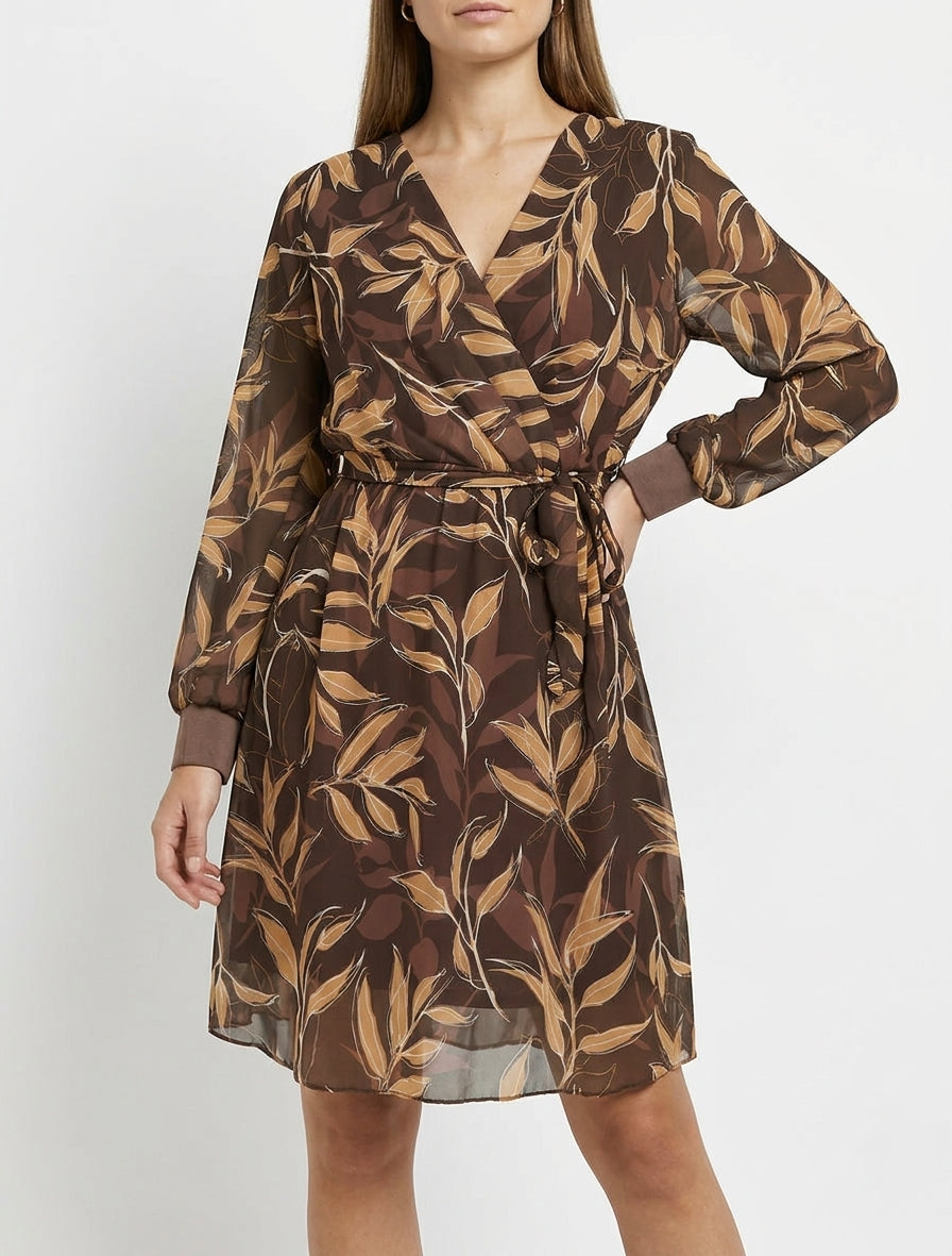 Gerades Kleid mit Blätterdruck - Braun