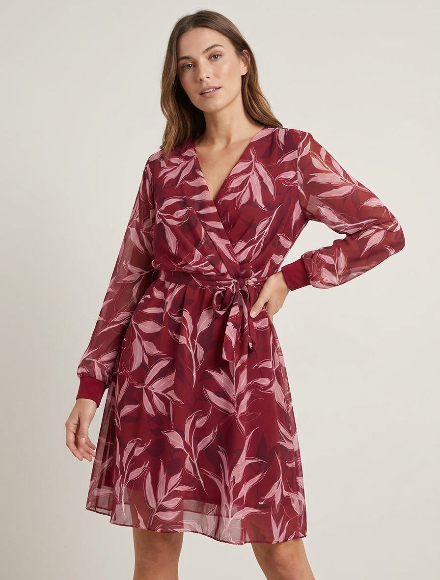 Gerades Kleid mit Blätterdruck - Bordeaux
