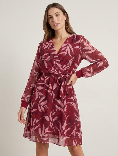 Gerades Kleid mit Blätterdruck - Bordeaux