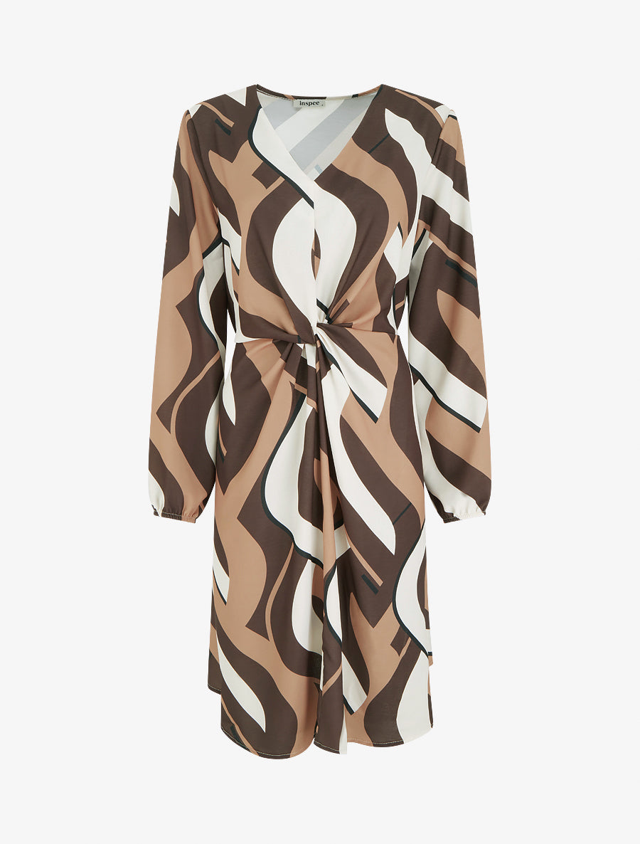 Robe manches longues imprimé graphique - Marron - 1