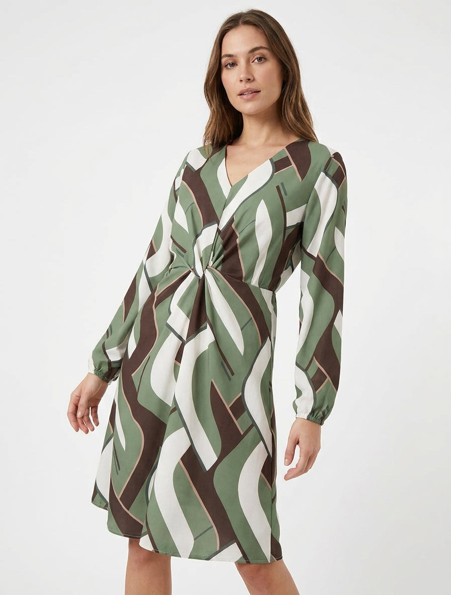 Langärmliges Kleid mit grafischem Druck - Kaki