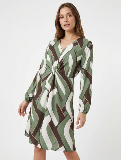 Langärmliges Kleid mit grafischem Druck - Kaki
