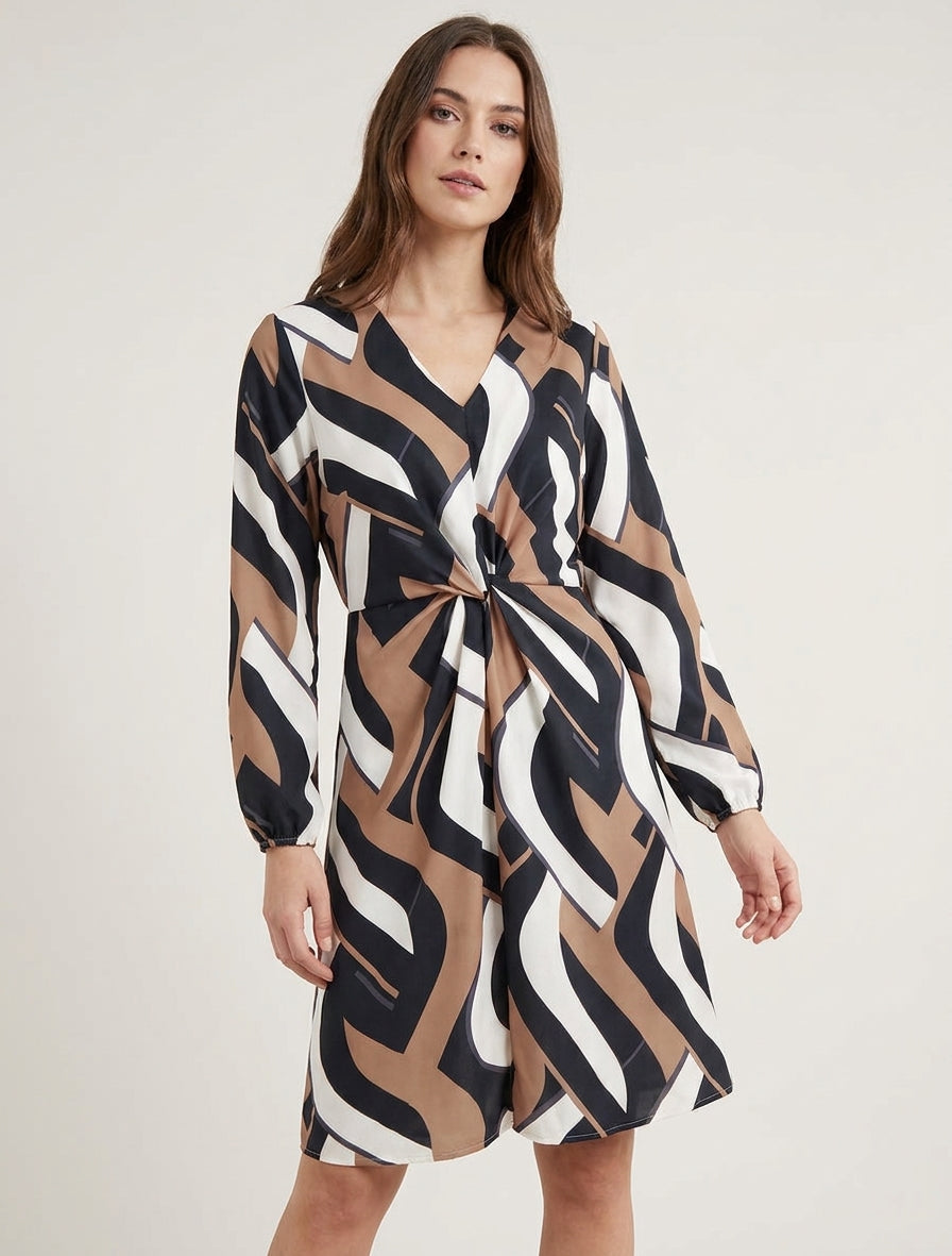 Langärmliges Kleid mit grafischem Druck - Schwarz