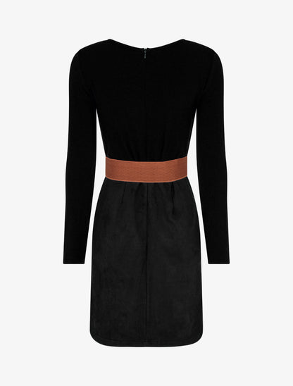 Robe droite en maille et suédine à manches longues et zip - Noir - 2