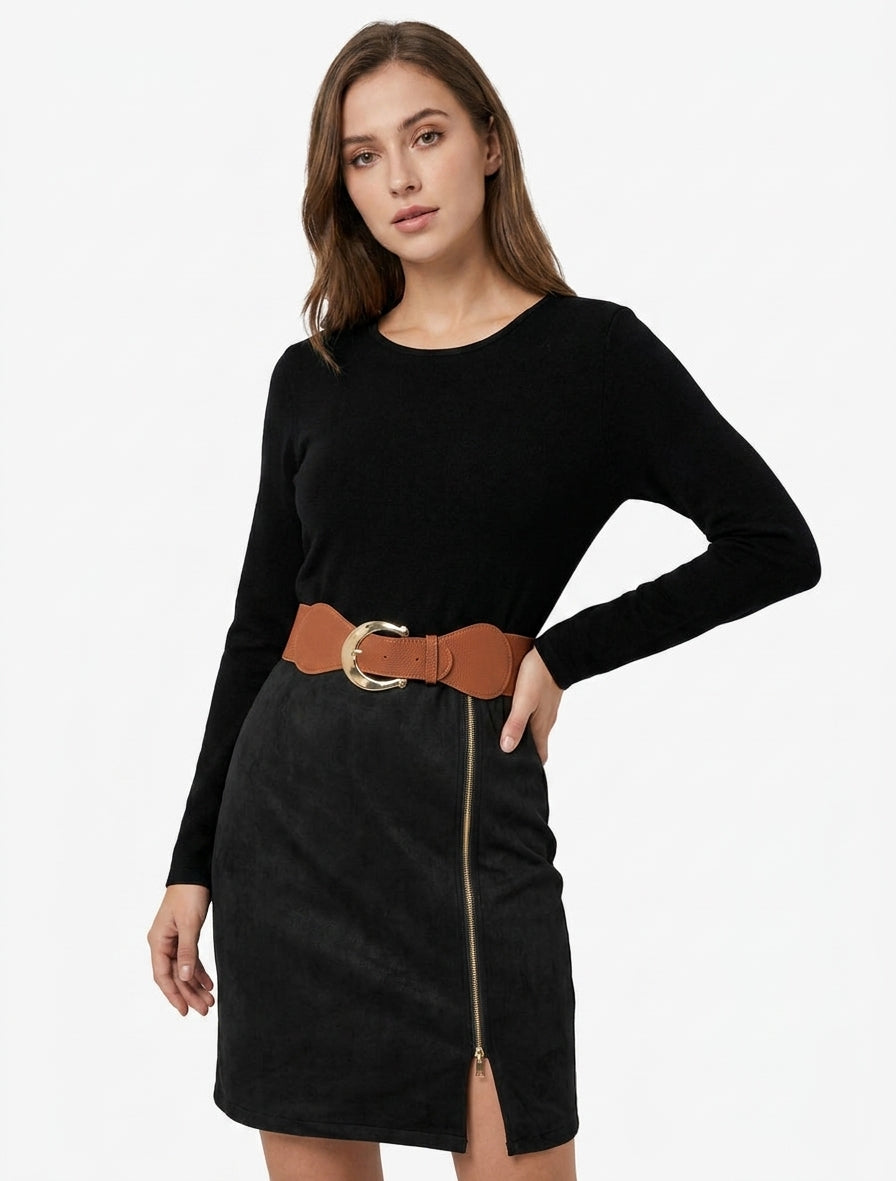 Gerades Strickkleid aus Wildlederimitat mit langen Ärmeln und Reißverschluss - Schwarz