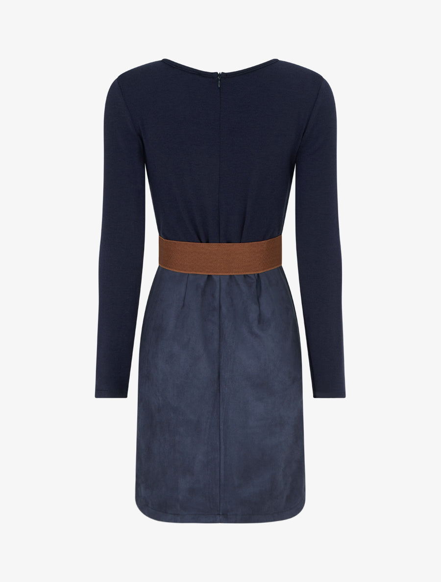 Robe droite en maille et suédine à manches longues et zip - Marine - 2