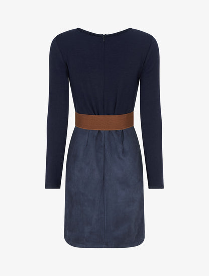 Robe droite en maille et suédine à manches longues et zip - Marine - 2