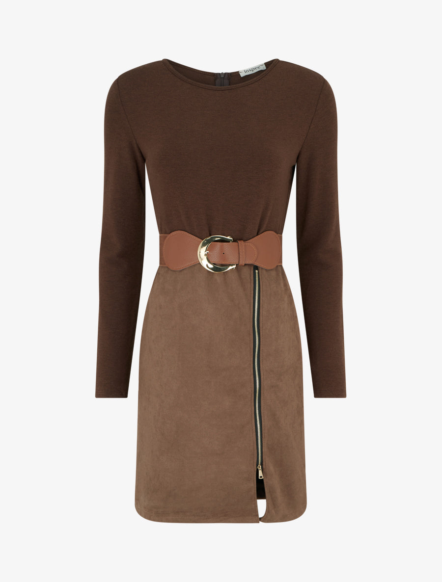 Robe droite en maille et suédine à manches longues et zip - Marron - 1
