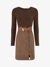 Robe droite en maille et suédine à manches longues et zip - Marron - 1
