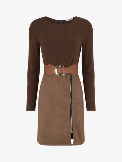 Robe droite en maille et suédine à manches longues et zip - Marron - 1