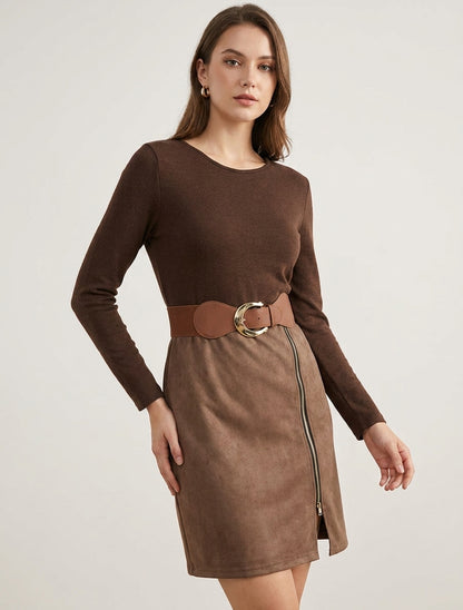 Gerades Kleid aus Strick und Wildleder mit langen Ärmeln und Reißverschluss - Braun