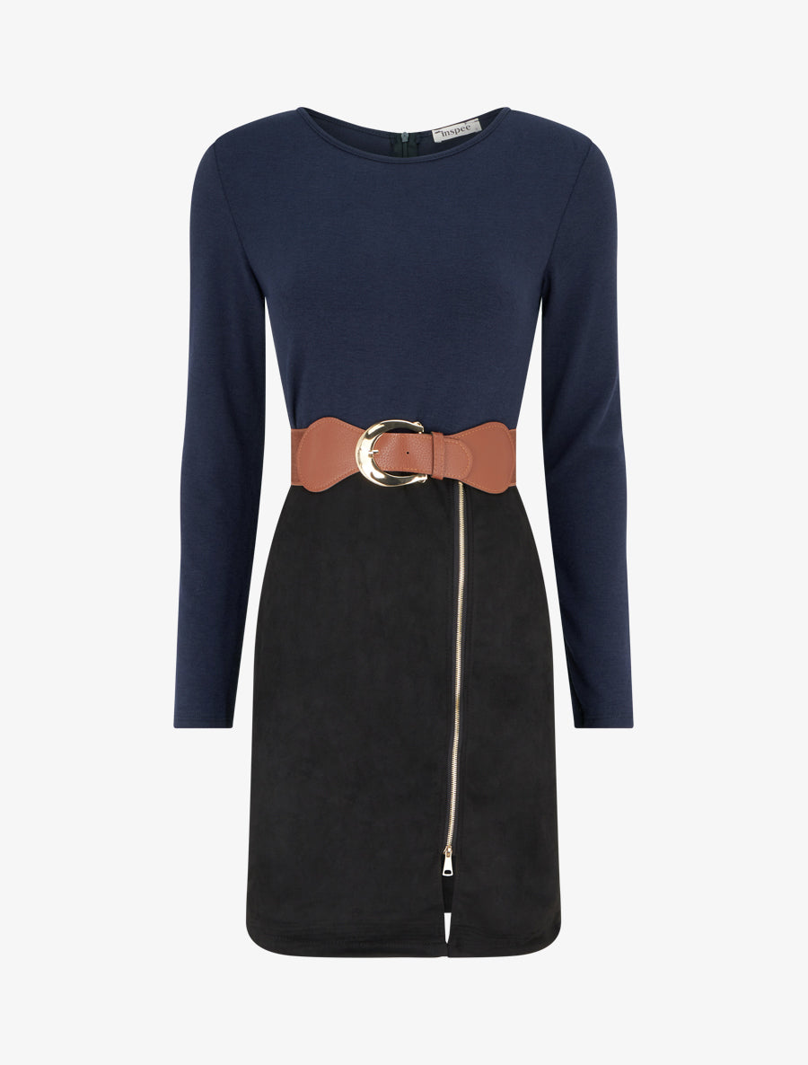 Robe droite en maille et suédine à manches longues et zip - Marine/noir - 1