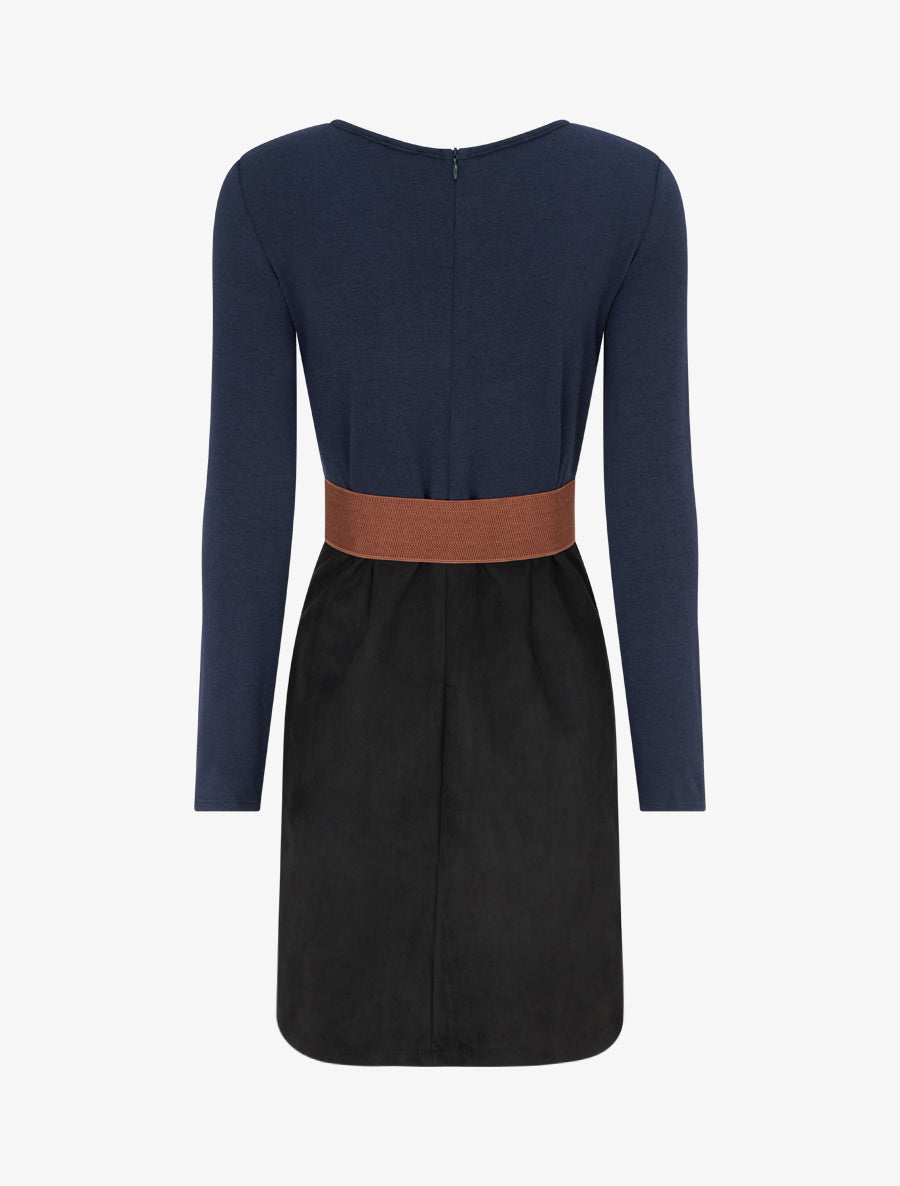 Robe droite en maille et suédine à manches longues et zip - Marine/noir - 2