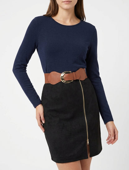 Gerades Kleid aus Strick und Wildleder mit langen Ärmeln und Reißverschluss - Marine/schwarz