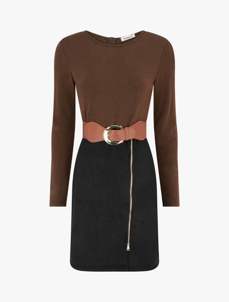 Robe droite en maille et suédine à manches longues et zip - Marron/noir - 1