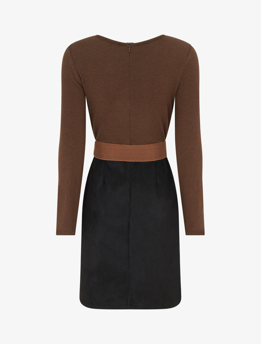 Robe droite en maille et suédine à manches longues et zip - Marron/noir - 2