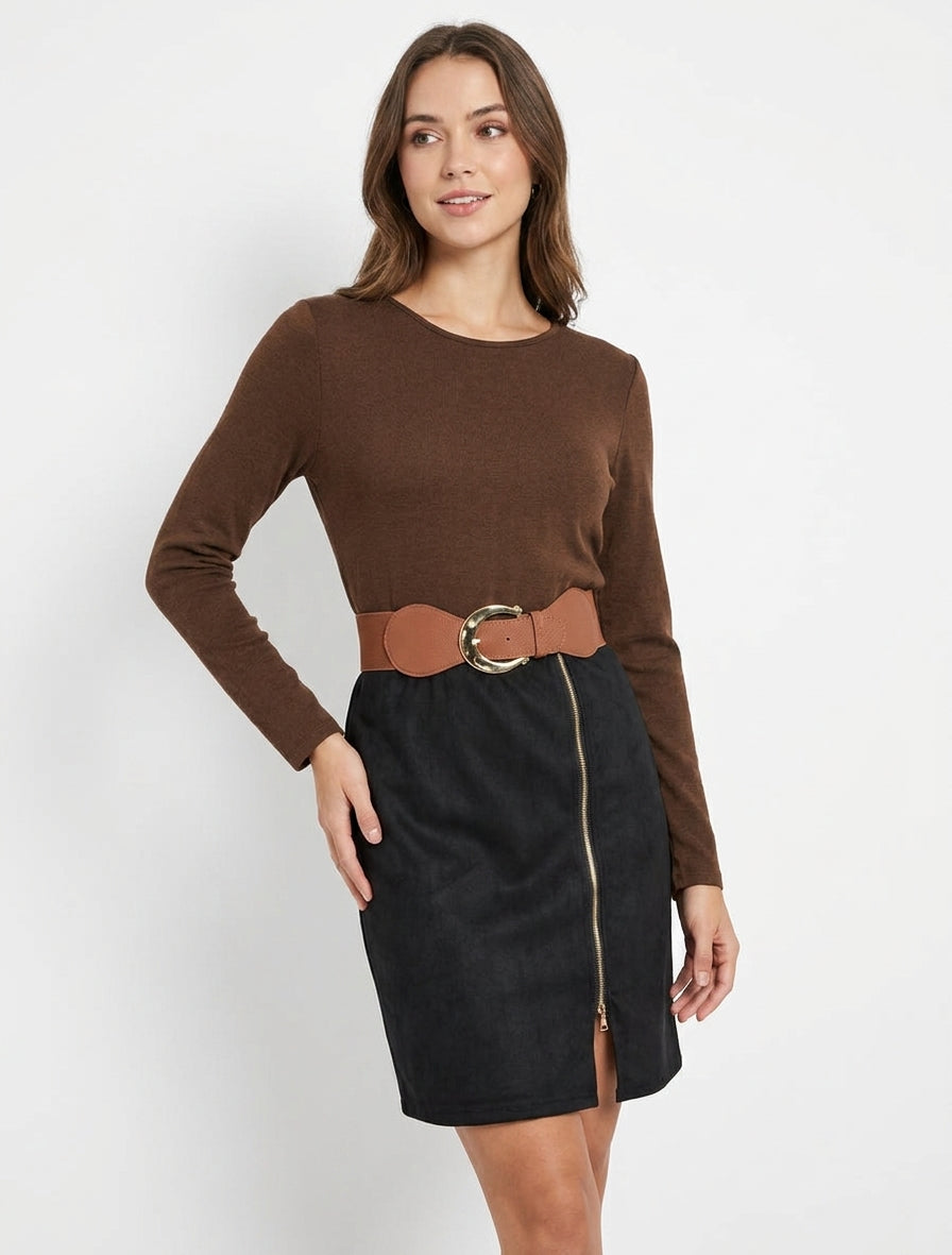 Gerades Kleid aus Strick und Wildleder mit langen Ärmeln und Reißverschluss - Braun/schwarz