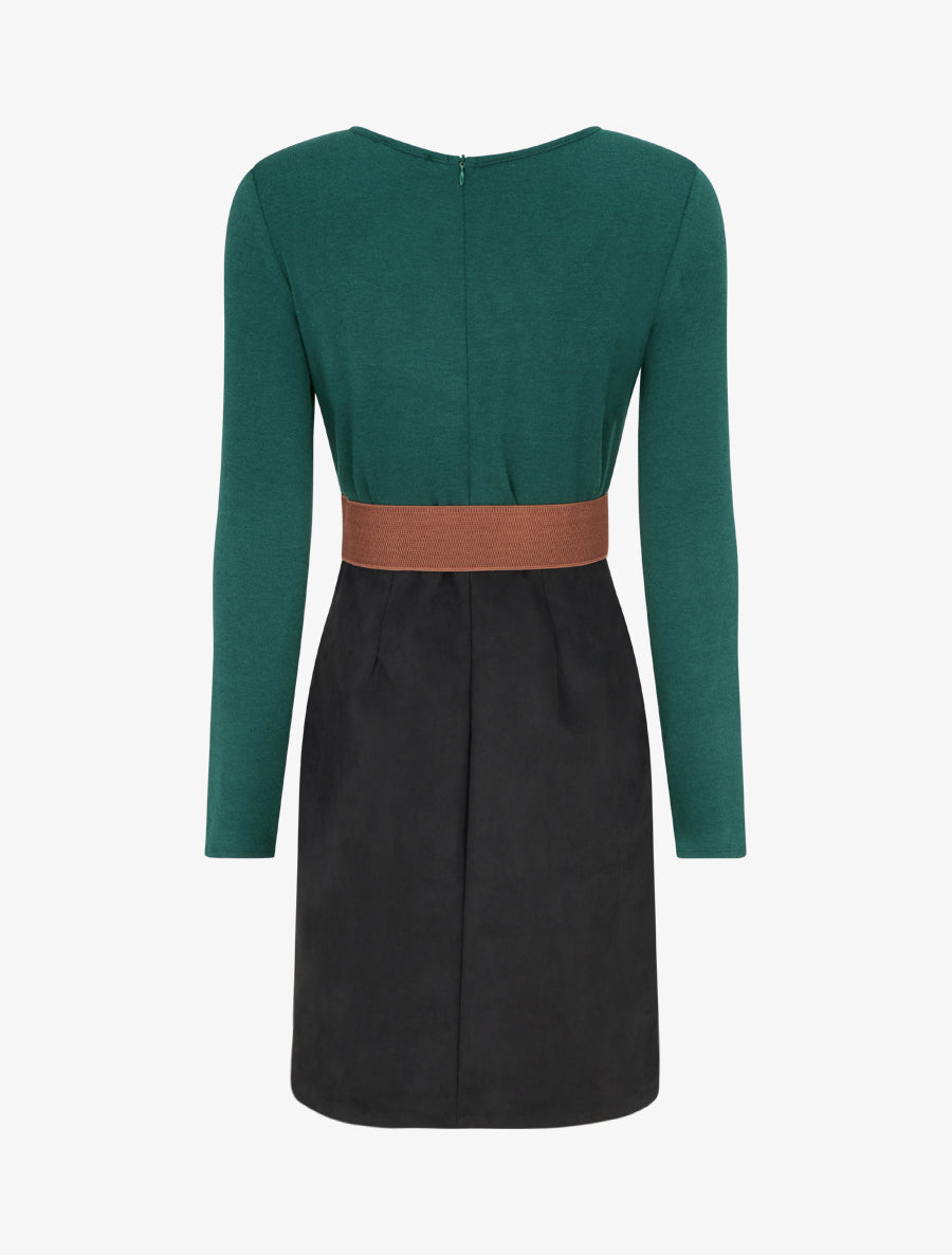 Robe droite en maille et suédine à manches longues et zip - Vert foncé - 2