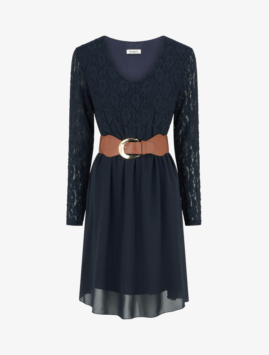 Robe évasée à buste en dentelle - Marine - 1