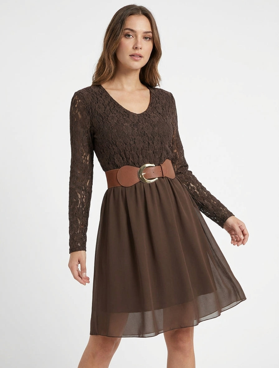 Ausgestelltes Kleid mit Spitzenoberteil - Braun