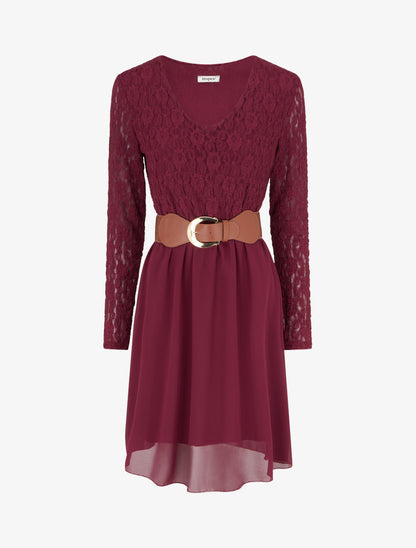 Robe évasée à buste en dentelle - Lie de vin - 1
