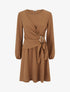 Robe évasée manches longues à pan drapé et bijou - Camel - 1