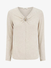 Pull fin à col V à bijou métal - Beige - 1