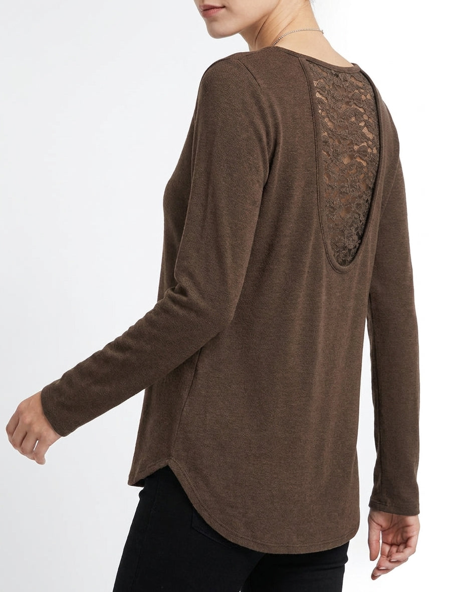 Gerade geschnittener Pullover mit Spitzenrücken - Braun